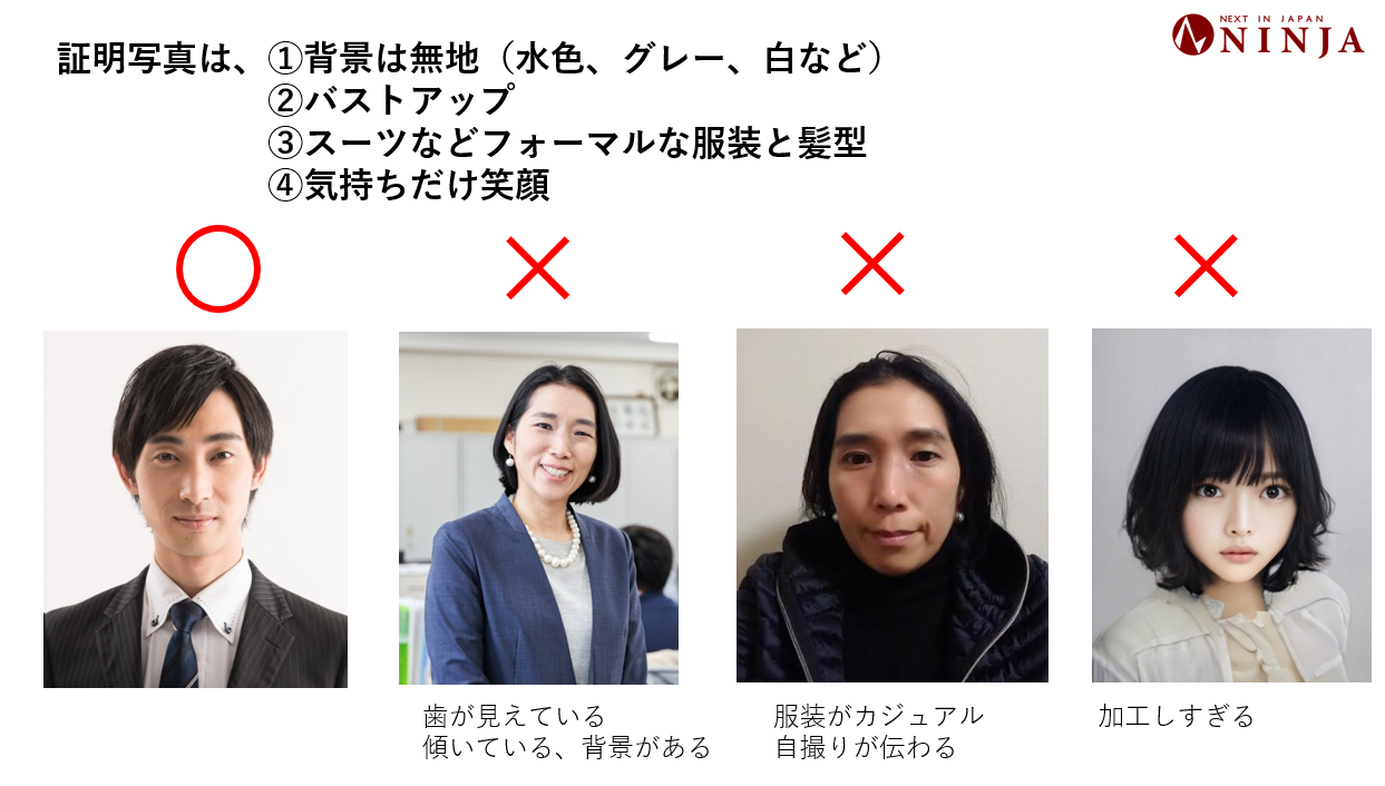 証明写真の撮り方、背景無地、バストアップ、フォーマルな服装