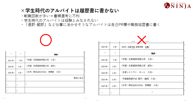 履歴書の書き方、学生時代のアルバイトは履歴書に書かない